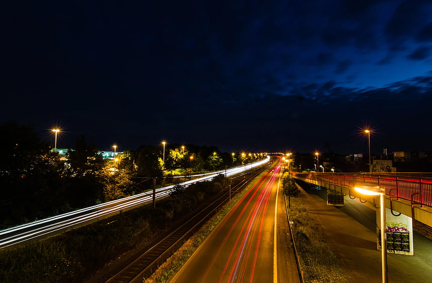 Nighttime Long Exposure of Highway and Train Tracks