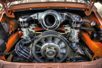 Close-up of a classic Porsche engine with turbocharger