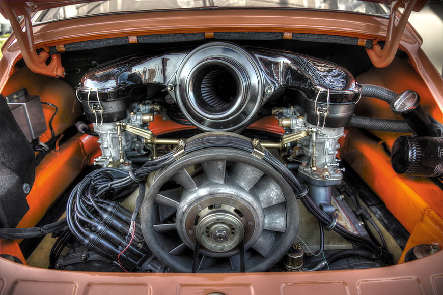 Close-up of a classic Porsche engine with turbocharger