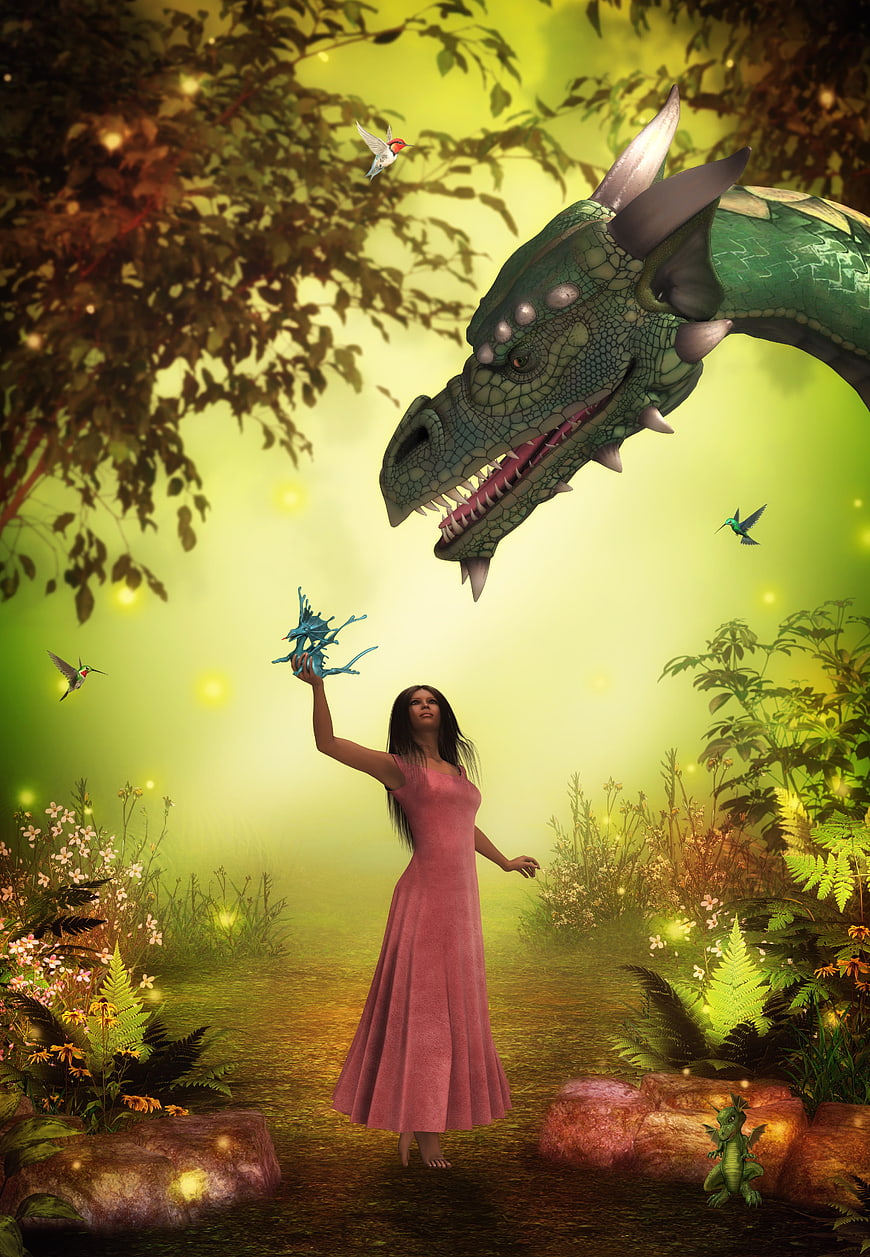 Fantasy woman holding blue dragon in magical forest