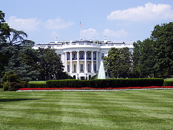 White House South Lawn with Fountain and Red Flowers