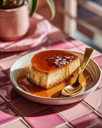 Creamy Caramel Flan Dessert on Pink Tiles