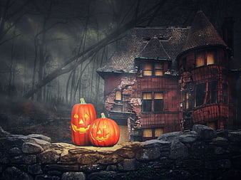 Spooky Halloween Scene with Jack-O-Lanterns and Haunted House