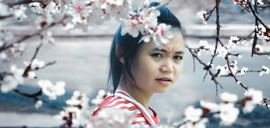 Young Asian Woman Looking Through White Blossoms