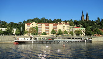 Cargo Gallery Barge On Vltava River With Prague Church Towers