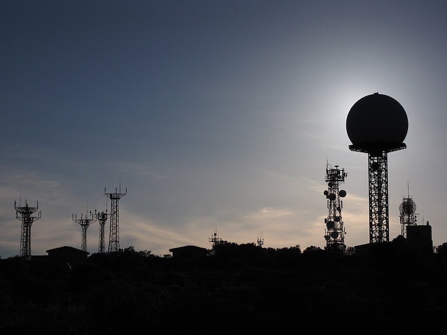 Silhouette of Radar Dome and Communication Towers at Dusk