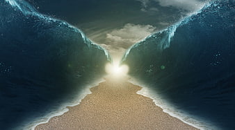Parted Sea Conceptual Background With Bright Light And Sand Path
