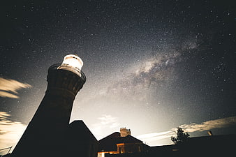 Lighthouse Silhouette Under Milky Way Night Sky
