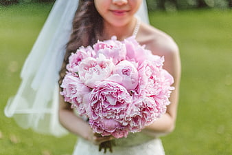 Bride Holding Pink Peony Bouquet Outdoors