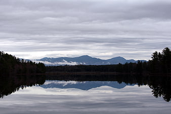 Serene Lake Reflection of Mountains Under Cloudy Sky