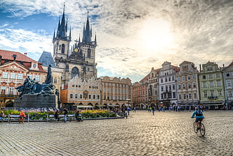 Old Town Square Prague with Tyn Church and Jan Hus Monument