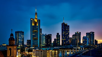Frankfurt Skyline at Dusk with Illuminated Skyscrapers