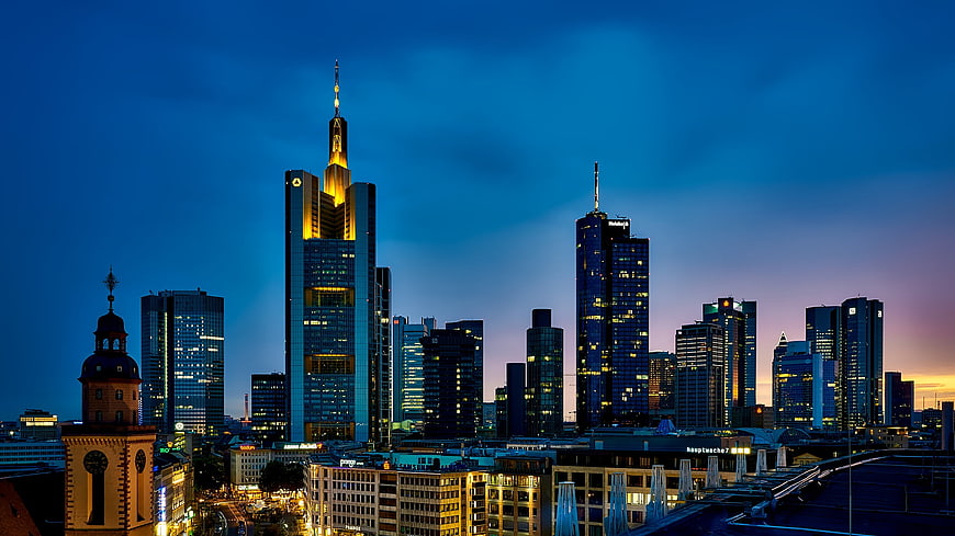 Frankfurt Skyline at Dusk with Illuminated Skyscrapers