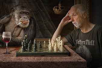 Man Playing Chess With Ape In Dark Fantasy Setting
