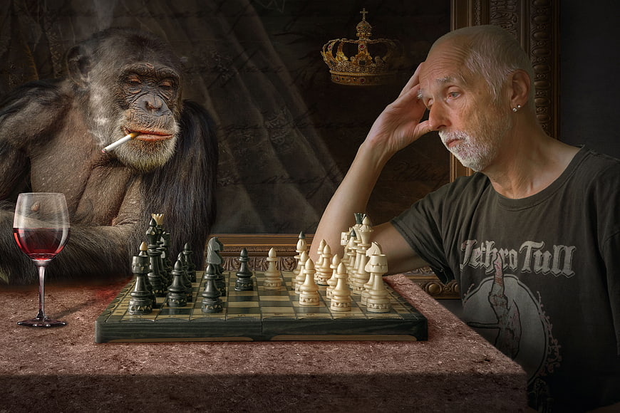 Man Playing Chess With Ape In Dark Fantasy Setting