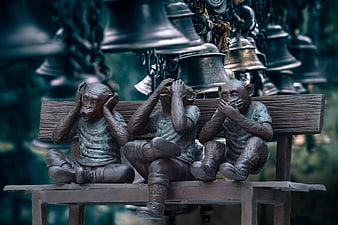 Bronze Three Wise Monkeys Sculpture on Bench with Bells