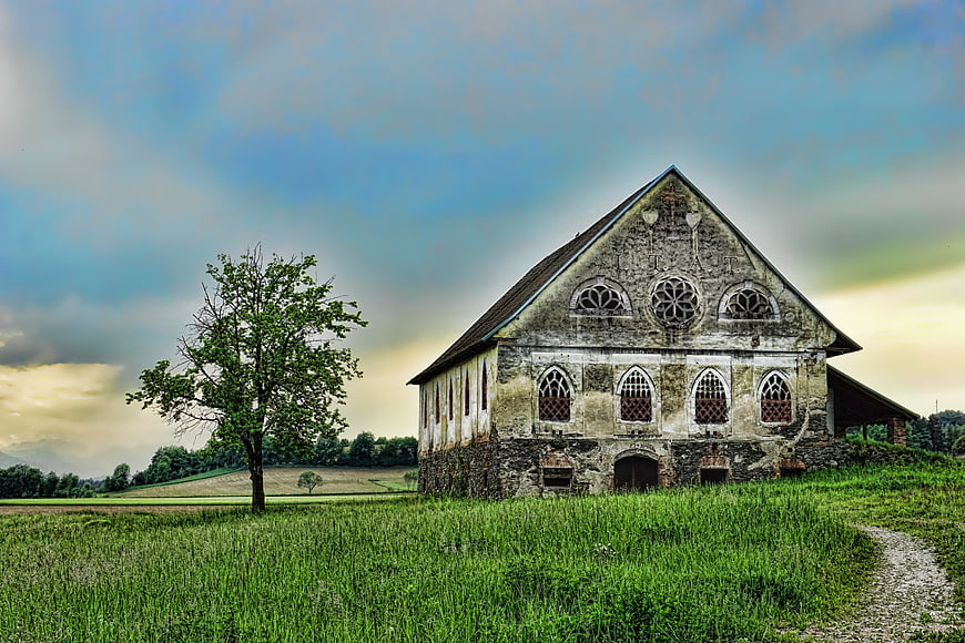 Old Abandoned Church in Green Field