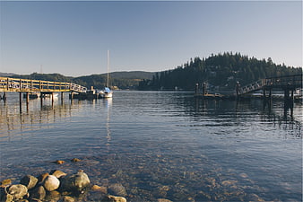 Serene Lake Scene with Wooden Docks and Clear Water