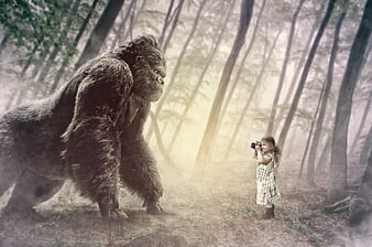 Giant Gorilla Facing Young Girl With Camera In Misty Forest