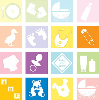 Colorful Baby Icons Set on Pastel Backgrounds