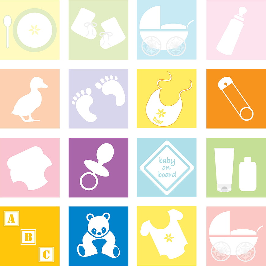 Colorful Baby Icons Set on Pastel Backgrounds