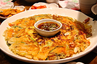Korean Seafood Pancake with Soy Sauce Dipping Bowl