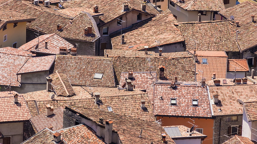 Aerial view of terracotta clay tile roofs in a European town