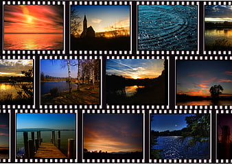 Film strip collage of nature landscapes and sunsets