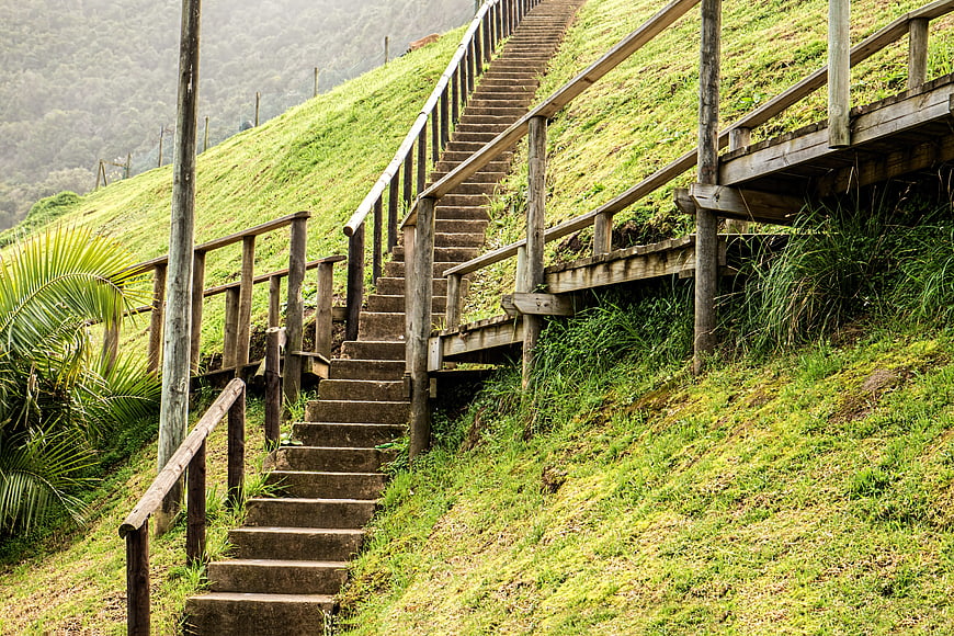 Wooden stairs ascending a grassy hill with fork in path