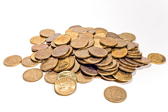 Pile of gold coins on white background