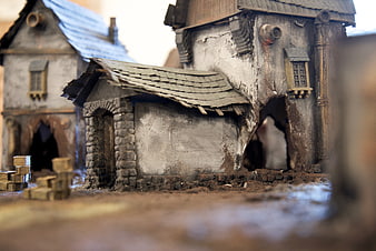 Miniature Fantasy Village Model with Weathered Textures