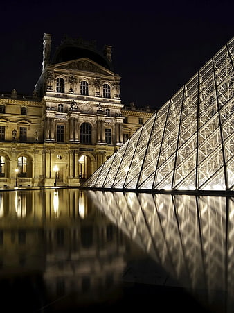 Louvre Pyramid and Palace at Night with Reflection