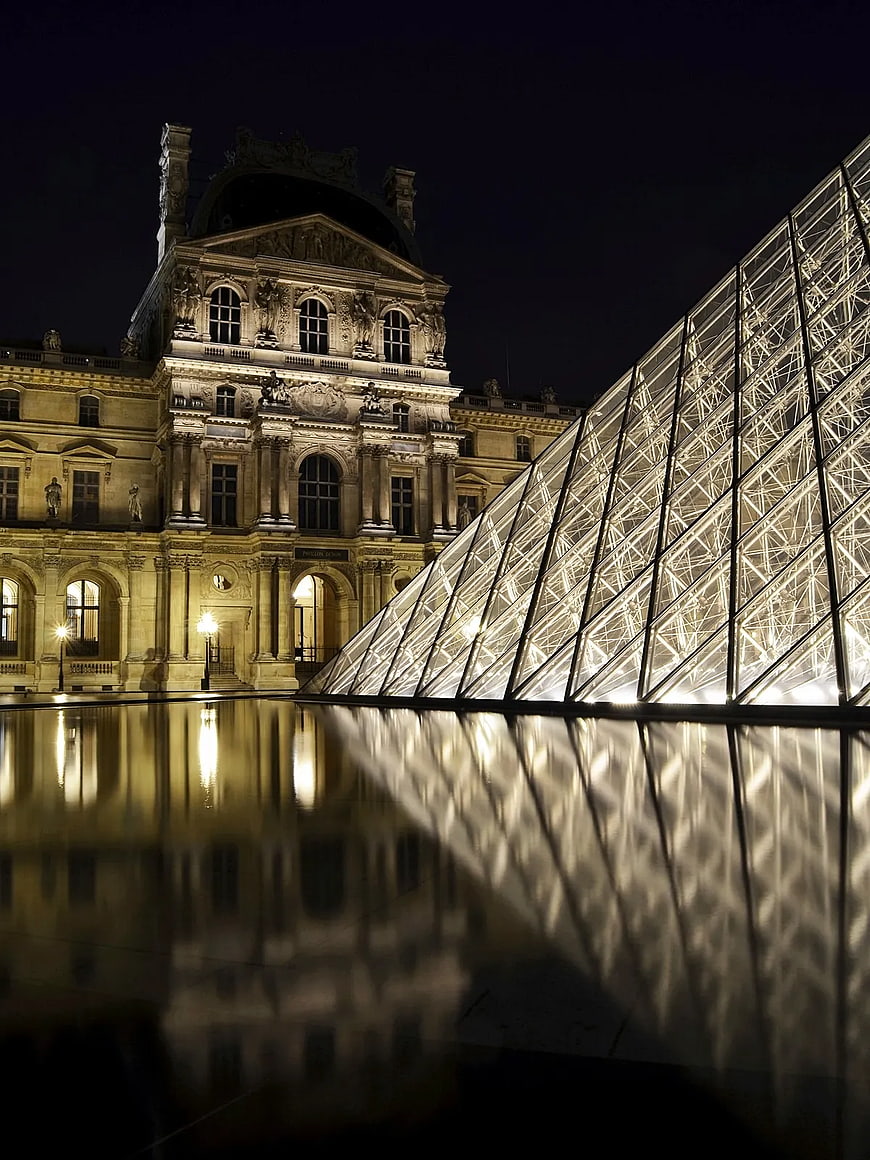 Louvre Pyramid and Palace at Night with Reflection