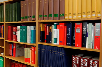 Organized Law Books on Wooden Shelves in Legal Office