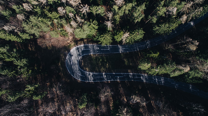 Aerial View of Winding Road Through Dense Forest