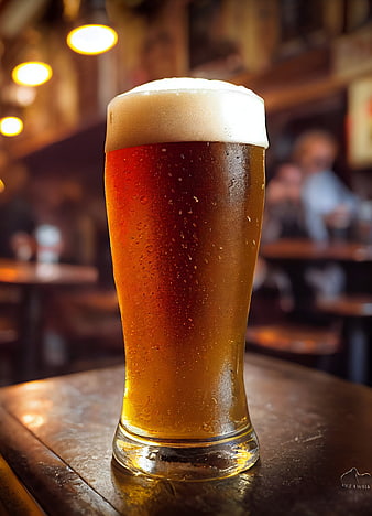 Cold glass of beer with foam in a pub