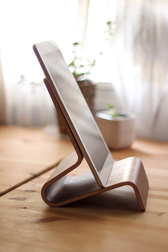 Wooden Tablet Stand on Desk with Natural Light