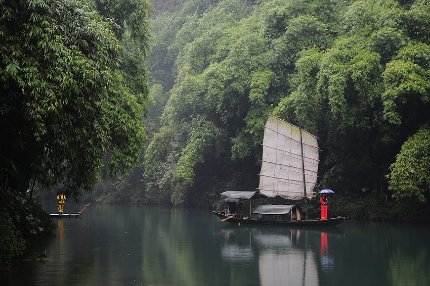 Traditional Chinese sailboat on misty river surrounded by bamboo forest