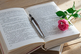 Open Book With Rose And Pen On Wooden Table