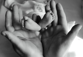 Black and white photo of baby feet in adult hands