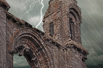 Dramatic Gothic Ruins with Lightning Storm Background