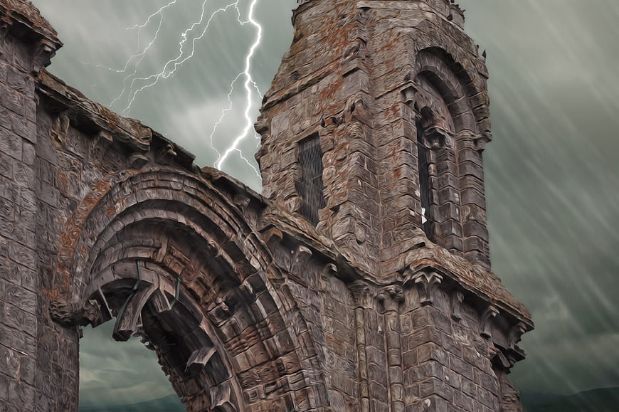 Dramatic Gothic Ruins with Lightning Storm Background