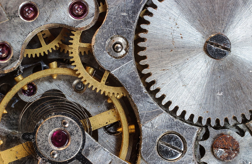 Close-up of vintage watch gears and mechanical movement