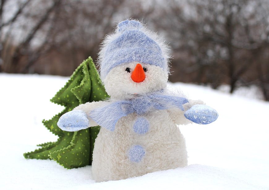 Cute Felt Snowman Toy with Christmas Tree in Snow