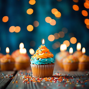 Colorful Birthday Cupcake with Candle and Sprinkles