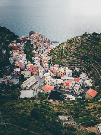 Aerial View of Colorful Coastal Village in Italy