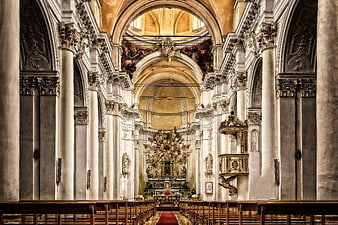 Grand Baroque Cathedral Interior with Ornate Altar and Arches