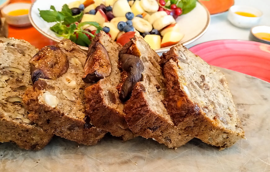 Sliced Fig and Nut Loaf Cake with Fresh Fruit Platter