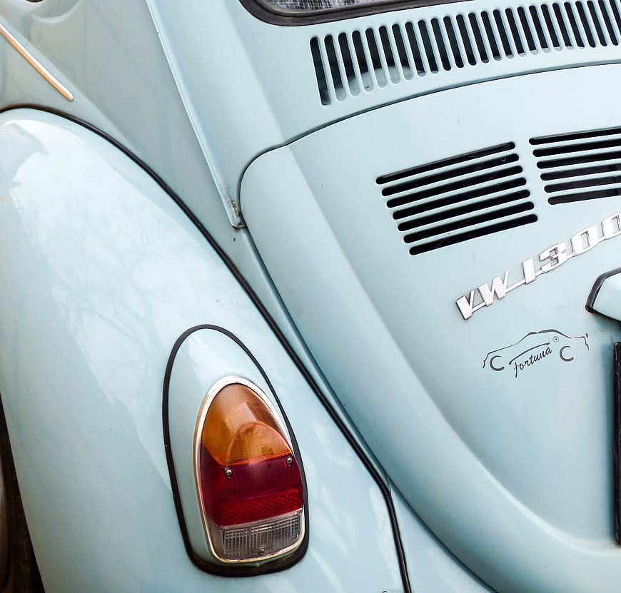 Close-up of vintage light blue Volkswagen 1300 rear detail