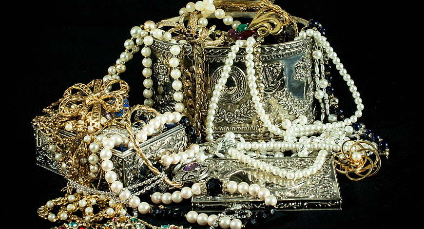 Vintage Silver Jewelry Boxes with Gold and Pearl Necklaces